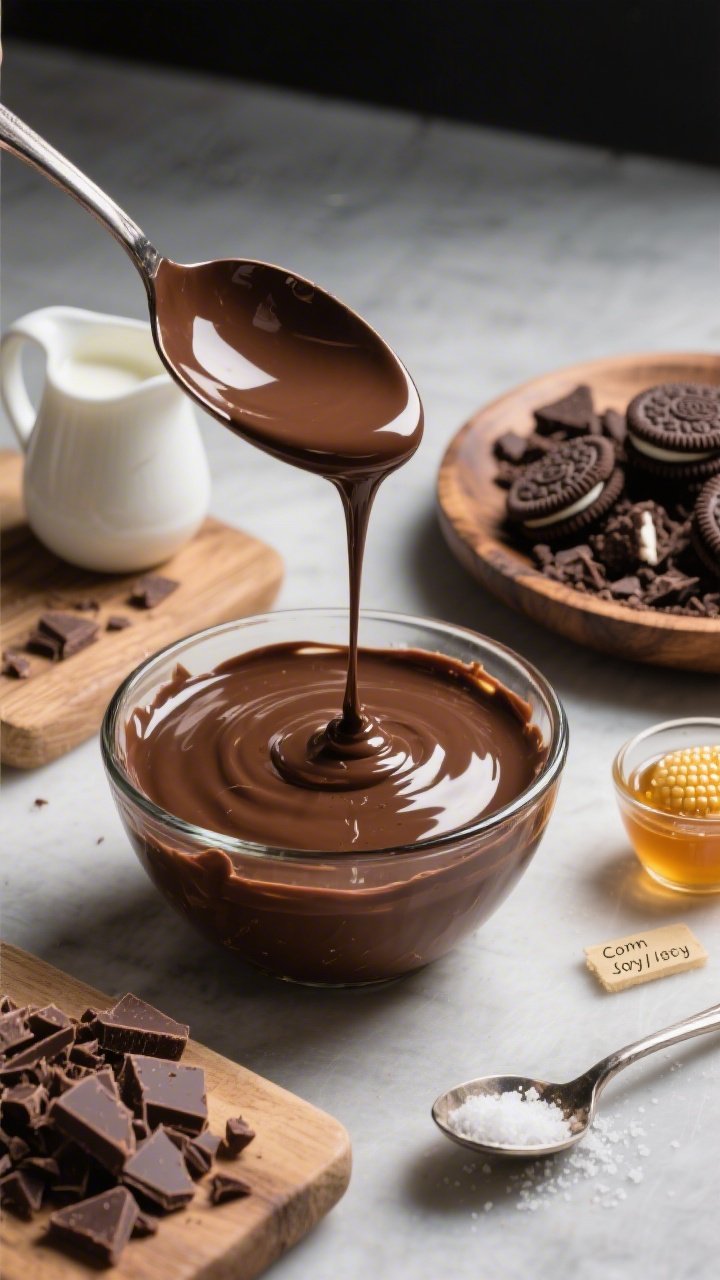 Straight-on macro shot of a glossy chocolate ganache drip cascading from a spoon into a glass bowl, with perfect mirror-like shine; nearby: finely chopped semi-sweet chocolate on a wooden board, a small pitcher of heavy cream, a tiny dish labeled corn syrup/honey for extra gloss, and a pinch of fine sea salt; to the side, a rustic plate of roughly crushed chocolate sandwich cookies for crumble accents; dramatic side lighting to highlight the drip’s sheen, minimal props.