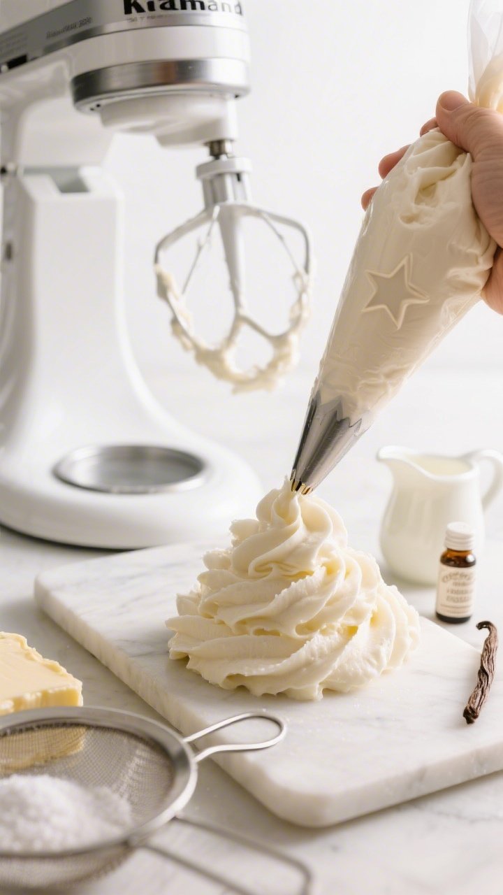 Straight-on macro shot of Old-Fashioned Almond Buttercream being whipped: a stand mixer with whisk attachment coated in ultra-smooth, pale ivory buttercream; softened but cool unsalted butter, sifted confectioners’ sugar in a clouded sieve, heavy cream in a small pitcher, and a bottle of pure vanilla extract on the side; a piping bag fitted with a star tip being filled, thick, velvety swirls on a test board to show stable piping ridges; bright, clean studio lighting highlighting creamy texture.