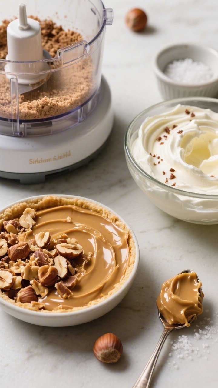 Straight-on macro shot of the Silky Hazelnut-Praline Crunch Filling: a shallow bowl of golden hazelnut praline shards (toasted hazelnuts encased in hard caramel) next to a food processor with praline ground into sandy rubble; a chilled bowl with mascarpone and ribbons of cold heavy cream being folded together, flecks of praline visible for crunch. Include fine sea salt pinch bowl and a spoon with a luscious scoop of the filling. Textures: glossy, creamy, crunchy; palette of warm caramels, nutty browns, and ivory cream.