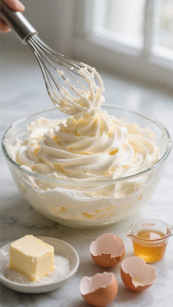 Straight-on macro shot of whipped floral buttercream in a glass mixing bowl: glossy, cloud-like swirls peaking on a whisk attachment lifted above the bowl; soft ivory color with a warm honey sheen; sugar crystals fully dissolved for a satiny finish; room-temperature butter cubes and a small dish of fine sea salt arranged beside five cracked egg shells and a measuring cup labeled honey; cool diffused window light highlighting silky texture, no piping yet, pure focus on the buttercream’s airy structure.