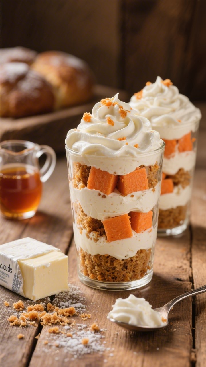 Straight-on parfait stack of Carrot Cake Parfait Cups: layers of moist 1/2-inch carrot cake cubes alternating with a fluffy maple cream cheese mixture (cream cheese whipped with powdered sugar, pure maple syrup, and vanilla) in tall clear glasses. Swirls of the maple cream form “clouds,” with visible flecks and a soft gloss; sprinkle a few carrot cake crumbs on top. Style with a small pitcher of maple syrup, a block of cream cheese partly unwrapped, and a spoon showing the cream’s texture. Cozy, rustic wood surface, warm tones, inviting bakery vibe.