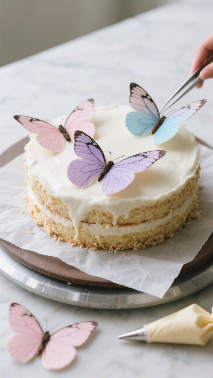 Straight-on plated assembly vignette for Vanilla Bean Butterfly Wings and Assembly: a chilled, crumb-coated vanilla cake on a turntable with a few finished delicate butterfly wings made from thinly spread white chocolate tinted pastel pink, lavender, and sky blue, with fine cocoa/black veining; a parchment sheet showing wing halves setting, tiny snipped piping bags nearby, and tweezers placing a wing onto the cake; shallow depth of field highlighting ethereal translucence and garden-like whimsy, pristine, professional finish.