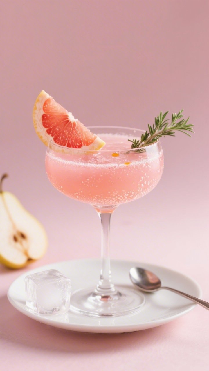 Straight-on plated cocktail portrait of a Blushing Pear & Thyme Rosé Prosecco Spritz: stemmed goblet showcasing a blush-pink hue from pear nectar and fresh pink grapefruit juice, tiny bubbles from Rosé Prosecco, 2 dashes of grapefruit/orange bitters evident as a subtle gradient; a delicate thyme syrup sheen and a grapefruit crescent wedge clipped to the rim; thyme sprig garnish; set against a pale pink backdrop with a clear ice cube and bar spoon resting beside for a flirty evening vibe.