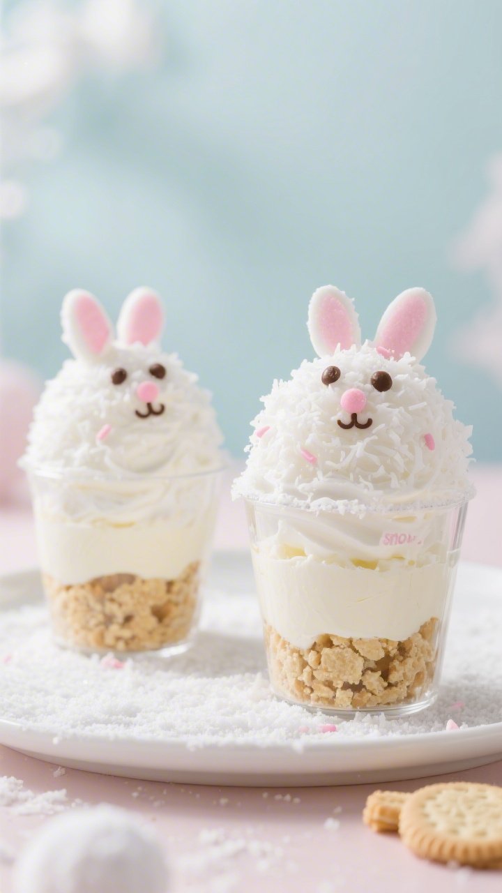 Straight-on plated dessert scene: Coconut snowball bunny dessert cups in clear glass tumblers showing layers—crumb base of crushed vanilla sandwich cookies mixed with melted butter, topped with fluffy whipped cream–lightened cream cheese filling sweetened with powdered sugar and vanilla, crowned with a generous dome of sweetened shredded coconut like “snow”; each cup styled with pink sprinkle noses and mini chocolate chips for eyes (no faces shown directly), pastel backdrop, soft daylight for a whimsical, smile-inducing look.
