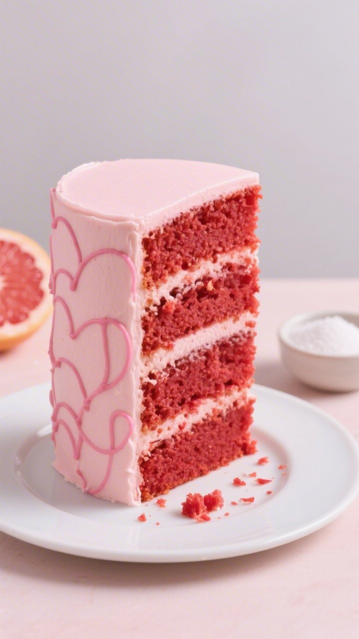 Straight-on plated hero shot of a tall ruby red layer cake with blush-pink buttercream, ultra-smooth sides adorned with delicate sketched linework piping in a deeper pink tone; clean even layers visible in a single slice pulled slightly forward on a white ceramic dessert plate; cake crumbs show tender crumb from cake flour, with ruby red grapefruit zest flecks; background props: a grapefruit half and a small bowl of granulated sugar; modern pastel backdrop, shallow depth of field, elegant patisserie mood.