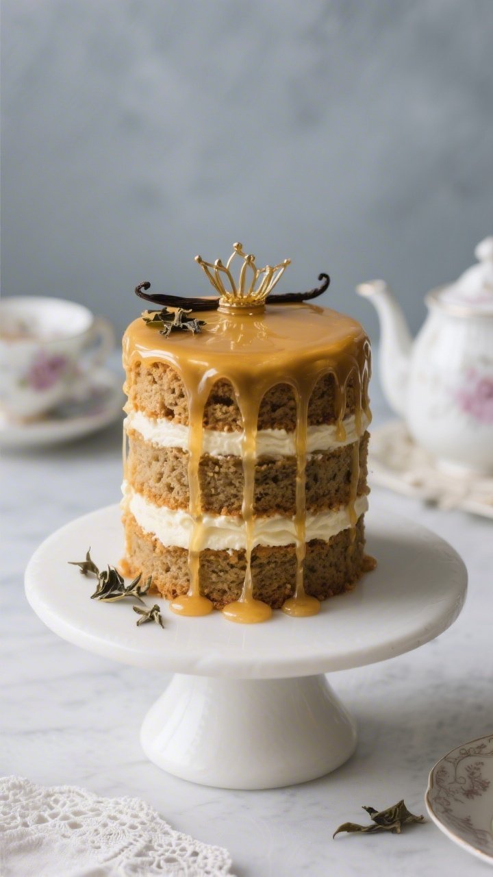 Straight-on plated hero shot of an elegant Earl Grey layer cake: three moist, tea-infused layers sandwiched with plush vanilla cream, finished with a glossy golden honey drip that cascades down the sides; garnished with a few edible dried tea leaves and a minimal crown of vanilla bean flecks for sophistication; set on a white pedestal against a muted dove-gray backdrop with vintage tea party props (porcelain teapot, lace napkin) slightly out of focus; warm highlights on the honey drip, sharp focus on the cake’s crumb and creamy layers, upscale patisserie vibe.