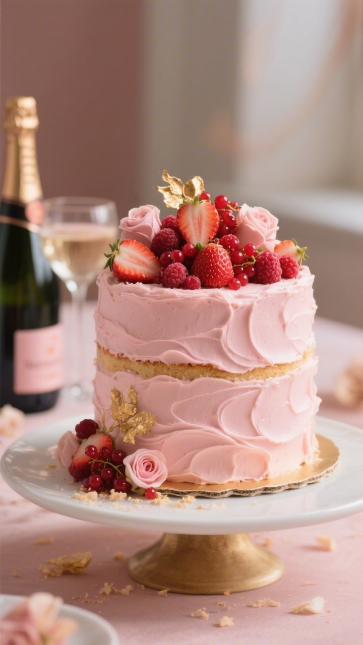 Straight-on plated hero shot of the finished celebration cake: tall layer cake cloaked in soft pink frosting with swoopy textures, topped with a mound of fresh halved strawberries, raspberries, and red currants, delicate rose petals, and subtle accents of edible gold leaf catching highlights; a chilled champagne bottle and coupe glass softly blurred in the background for glow, crumbs on the cake stand edge, elegant party styling with soft blush and gold tones, high-end editorial lighting.