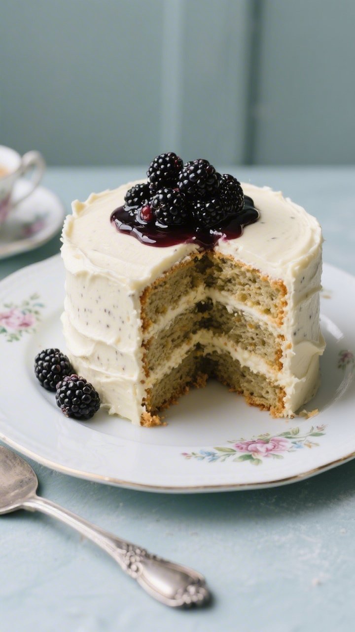 Straight-on plated presentation of an Earl Grey layer cake: three even layers infused with tea, filled and coated with silky vanilla diplomat cream, a semi-naked finish revealing the sponge edges. Crown with glossy blackberry compote cascading gently over the top, compote pooling at the base and a few fresh blackberries scattered. Slice removed to display cream layers and tea-speckled crumb. Cool-toned backdrop, silver cake server, refined vintage tea party elegance with delicate floral china accents.