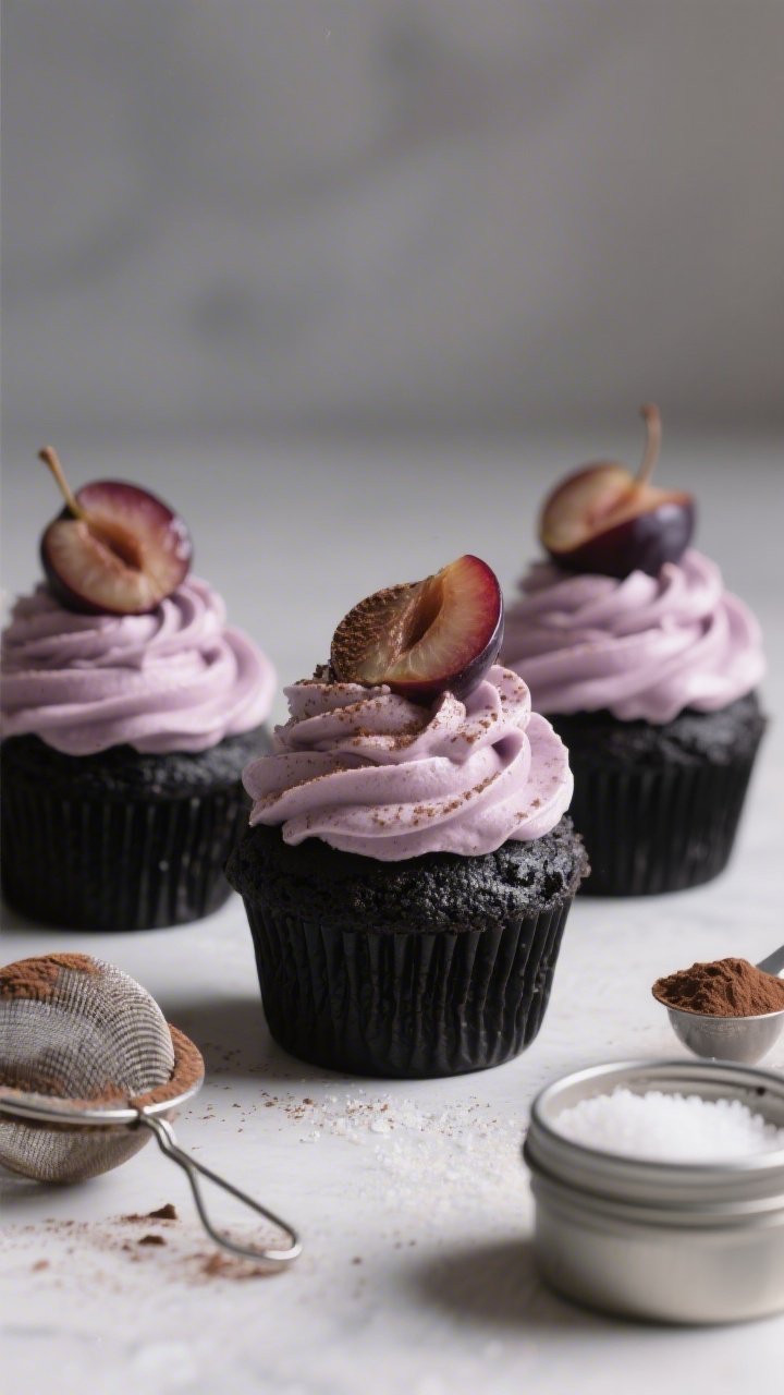 Straight-on plated presentation of Black Velvet Cupcakes with Plum Wine Buttercream: inky black cocoa cupcakes with a tender crumb, each swirled high with pale mauve, silky plum wine buttercream, topped with a thin fan of fresh plum and a micro dusting of cocoa; include a minimalist backdrop, a small sieve with cocoa, and measured ingredients in the scene—150 g all-purpose flour, 50 g Dutch cocoa, 200 g sugar, baking soda and powder tins, fine sea salt—arranged subtly; dramatic, romantic lighting with soft shadows to make the frosting sheen pop.