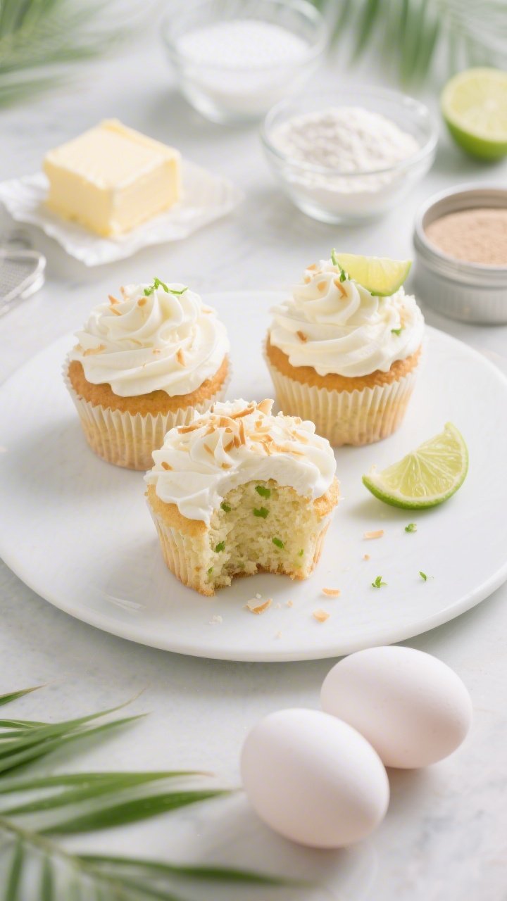 Straight-on plated presentation of Lime-in-the-Coconut cupcakes: a trio on a matte white plate, each with a towering swirl of creamy cloud frosting, a sprinkle of toasted coconut, and a tiny twist of lime zest on top. One cupcake is cut open to show tender crumb and citrusy flecks. Ingredient cues included in scene: softened butter on a wrapper, two large eggs, measured sugar and flour in clear bowls, baking powder and soda tins slightly out of focus. Bright, airy lighting with soft tropical props, bokeh background.