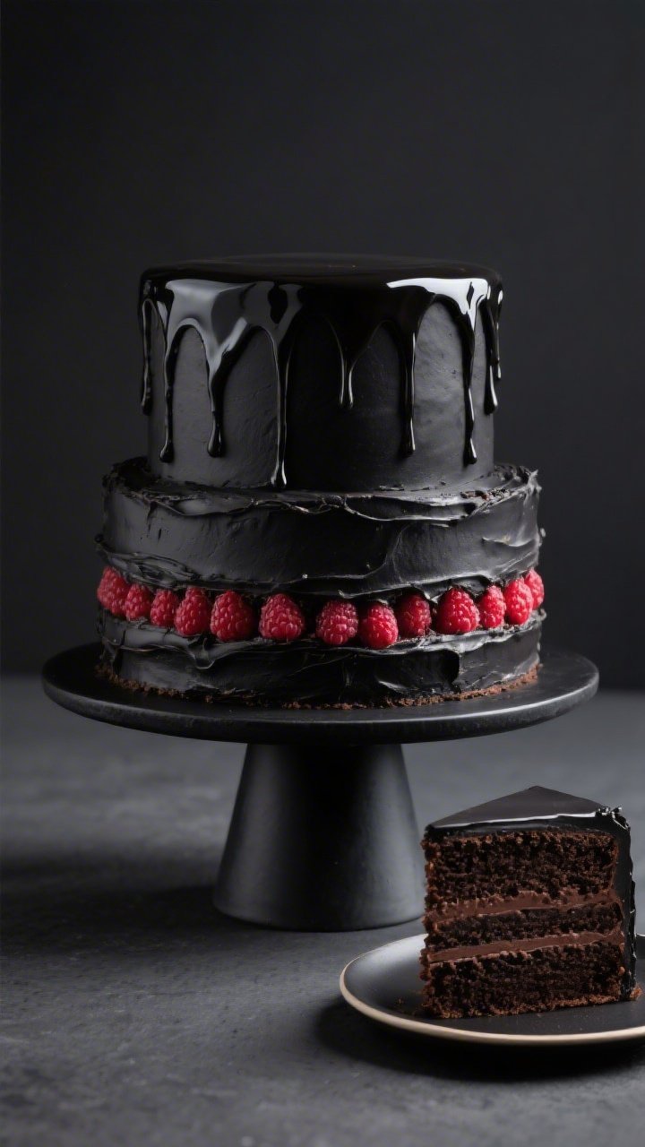 Straight-on plated presentation of the fully assembled cake: towering dark chocolate layers soaked with vanilla–black cocoa syrup, filled with a vivid ruby raspberry band peeking between layers, and cloaked in matte-black cocoa buttercream with a flawless dark mirror gloss poured over the top, gently dripping in controlled ribbons. Set on a black pedestal against a charcoal backdrop for drama; a clean slice on a small plate shows the striking contrast between inky frosting and jewel-toned filling, no people, ultra-polished professional styling.
