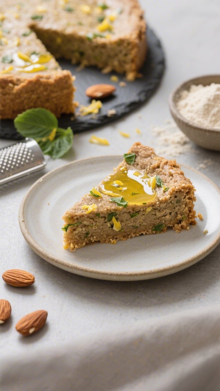 Straight-on plated shot of a flourless almond lemon-basil torte with olive oil shine: a single neat slice on a simple ceramic plate, moist almond crumb speckled with lemon zest and finely chopped basil, top brushed with a thin, glossy extra-virgin olive oil sheen; a narrow wedge missing from the whole torte on a slate in the background; accents of toasted sliced almonds, a microplane with fresh zest, and a small bowl of almond flour; minimalist modern styling, warm directional light to emphasize texture