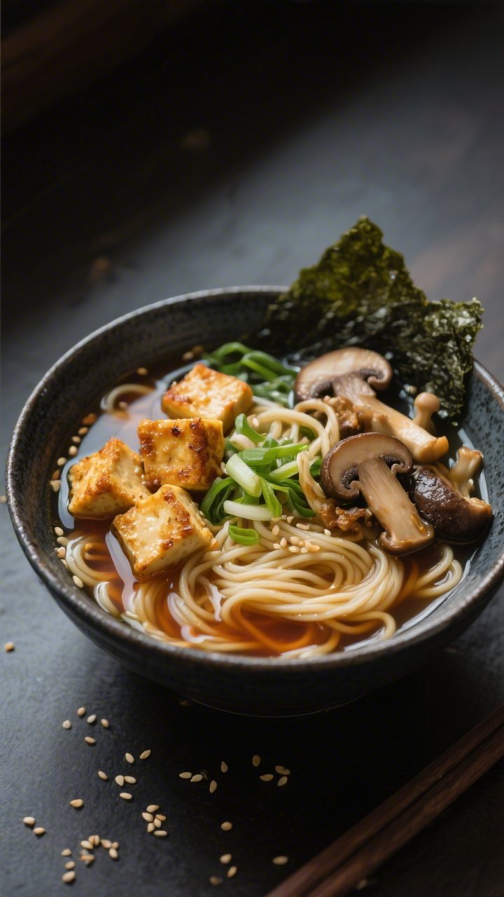 Straight-on plated shot of Cozy Vegan Shoyu Ramen with crispy tofu and mushrooms: deep mushroom-vegetable broth enhanced with kombu, soy sauce, mirin, and a touch of rice vinegar for brightness. Toppings include golden, pan-crisped tofu cubes, sautéed mixed mushrooms (shiitake/enoki), ribbons of nori, and scallions. Broth is clear and amber, noodles neatly arranged, a few sesame seeds on top. Moody, natural light with dark ceramic bowl to highlight the umami-rich vegan profile, no dairy or animal products visible.