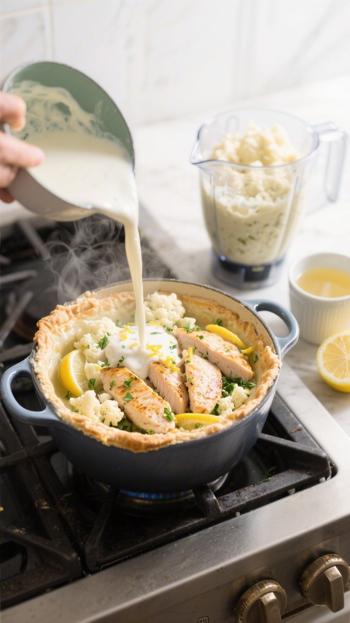 Straight-on process shot highlighting a lightened-up lemon-herb chicken pot pie: a Dutch oven on a stovetop with a velvety cauliflower cream sauce being poured over seared chicken breast pieces, with fresh lemon zest and chopped herbs visible; nearby, a blender jar holds smooth cauliflower purée made with low-sodium chicken broth and a splash of milk; extra cup of broth and lemon halves on the side; bright, fresh color palette with soft daylight to convey a lighter, modern take; steam gently rising.