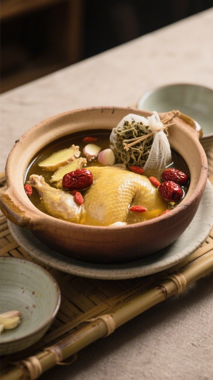 Straight-on rustic presentation of Taiwanese Herbal Chicken Hot Pot: clear golden chicken stock in a clay pot with bone-in chicken pieces, dried red dates (jujubes), goji berries, ginger slices, and lightly crushed garlic; a small piece of medicinal herb blend bundled in cheesecloth peeks above the surface; serene, nourishing mood with soft side lighting, ceramic soup bowls and a bamboo tray complementing the scene.