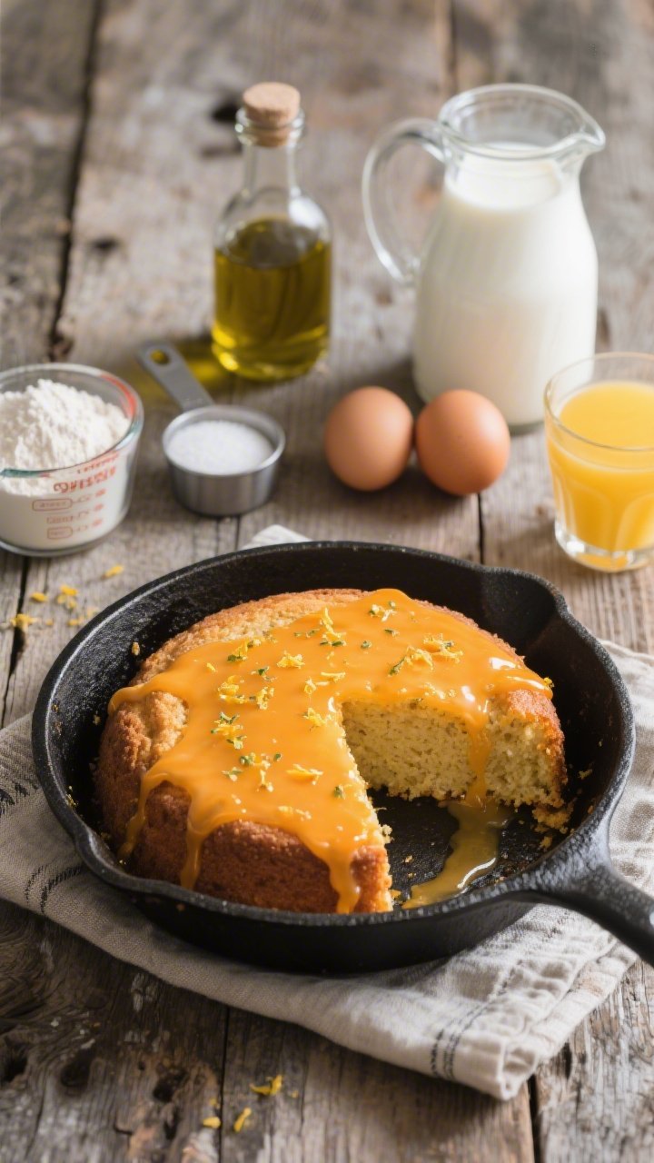 Straight-on rustic skillet presentation for a Skillet Olive Oil Snack Cake with zesty drip and quick fixes: the cake baked in a black cast-iron skillet, a casual zesty orange glaze dripping over a cut wedge, visible flecks of zest on the surface. Surround with quick-fix ingredients: measuring cups with all-purpose flour and granulated sugar, a small bottle of extra-virgin olive oil, two eggs in shell, a jug of whole milk, and a small glass of fresh orange juice. Set on a worn wooden table with a linen towel, cozy afternoon light, approachable and homey, crisp focus on crumb and glaze.
