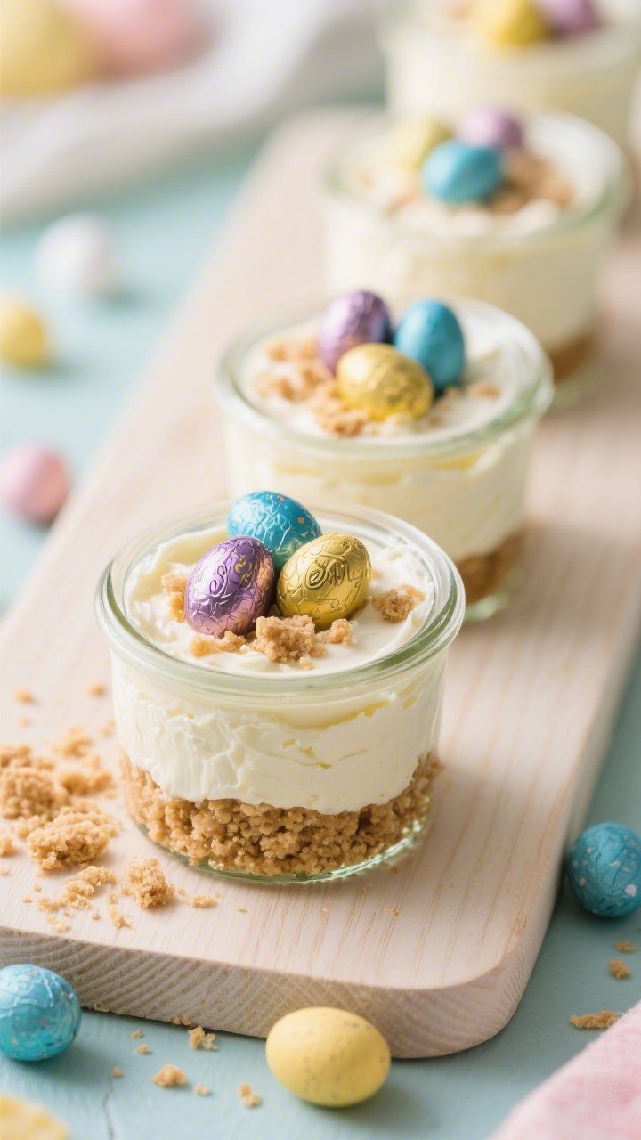 Straight-on shot of Mini Cadbury Egg no-bake cheesecakes layered in small glass jars: a compact graham cracker crumb base mixed with melted unsalted butter and brown sugar, topped with a fluffy cream cheese and cold heavy cream filling; crushed and whole mini Cadbury eggs folded in and sprinkled on top for color; arranged in a neat row on a pale wood board with extra graham crumbs and scattered mini eggs; bright, playful Easter palette, shallow depth of field highlighting one jar in sharp focus.