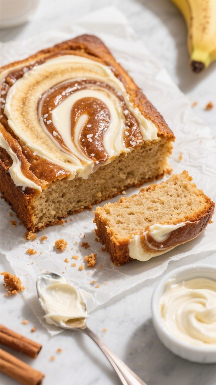 Straight-on slice-forward shot of Burnt Sugar Banana Snack Cake With Tangy Cream Cheese Swirl: square snack cake on parchment with a pronounced marbled swirl of cream cheese against the caramel-tan crumb (made with neutral oil, granulated sugar, banana, cinnamon; balanced with baking powder and baking soda, fine sea salt); one corner piece pulled forward to show moist, tender interior and glossy swirl; crumbs scattered naturally, a small bowl of cream cheese mixture and a spoon with residual swirl nearby; bright, inviting daylight for a casual afternoon-snack vibe.