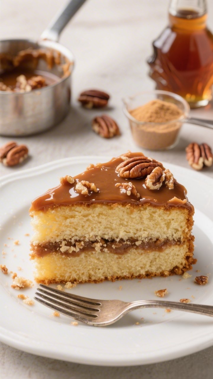 Straight-on slice reveal of Maple-Pecan Butter Cake with Brown Sugar Pecan Praline Filling: a generous wedge on a white plate showing distinct layers of buttery maple cake and a thick, glossy praline made from brown sugar and pecans oozing slightly between layers; crumbs on the plate, a fork beside; background props include a small saucepan with residual praline, measuring cup with light brown sugar, bottle of pure maple syrup, and whole pecans; warm, appetizing tones, shallow depth of field highlighting gooey filling.
