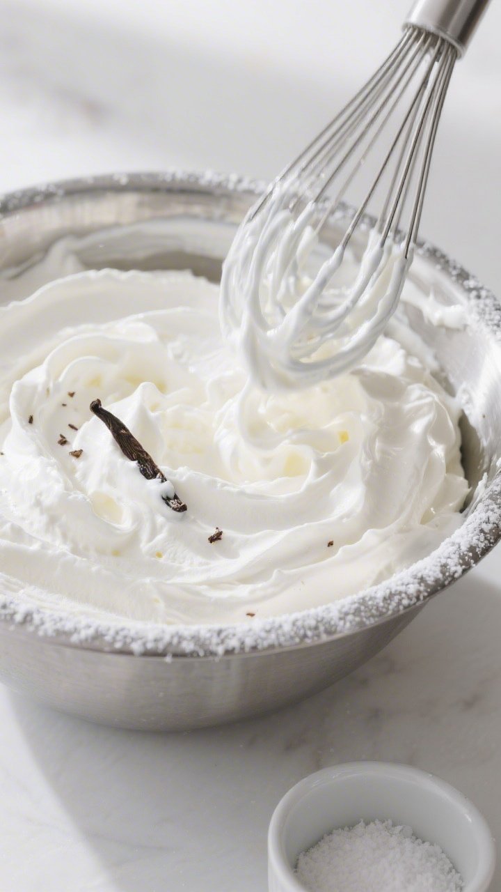Straight-on, tight close-up of Whipped Mascarpone Cream being finished: a chilled metal bowl with cold mascarpone and cold heavy cream whipped to soft, cloud-like peaks; powdered sugar dusting on the rim, vanilla bean flecks visible throughout, a pinch of sea salt in a tiny ramekin; a balloon whisk lifted to reveal silky, pipeable ribbons; cool daylight, crisp whites, creamy textures emphasized, minimal styling to spotlight the frosting-like structure.