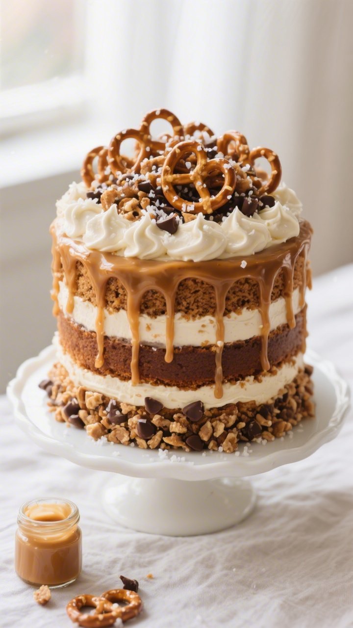 Three-quarter 45-degree hero shot of the fully assembled Salted Caramel Pretzel Crunch Cake: tall, neat layers of brown butter vanilla cake alternating with salted caramel Swiss meringue buttercream and visible bands of pretzel crunch with chocolate bits; a controlled salted caramel drip cascading down the frosted sides; textured pretzel decoration clustered artfully on top with flaky salt sparkle; set on a white cake stand over a light linen, with a small jar of extra caramel and a few stray crushed pretzels; soft natural window light, shallow depth of field highlighting moist crumb, glossy drips, and crunchy contrasts for an irresistibly sweet-and-salty presentation.