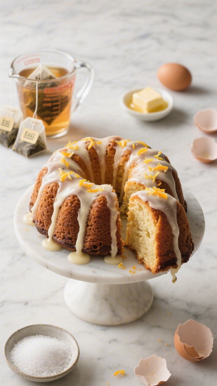 Three-quarter 45-degree shot of an Earl Grey Bundt cake on a pedestal, deeply ridged and lacquered with glossy vanilla glaze that drips down the curves, finished with a fine zest of mixed citrus for sparkle. Include a glass measuring cup of strong, cooled Earl Grey (labels visible on four used tea bags nearby), melted-cooled butter in a small dish, granulated sugar, and cracked eggshells in the background blur. Capture moist, tight crumb at a cut slice, citrus zest glinting, elegant yet bold presentation on a marble surface.