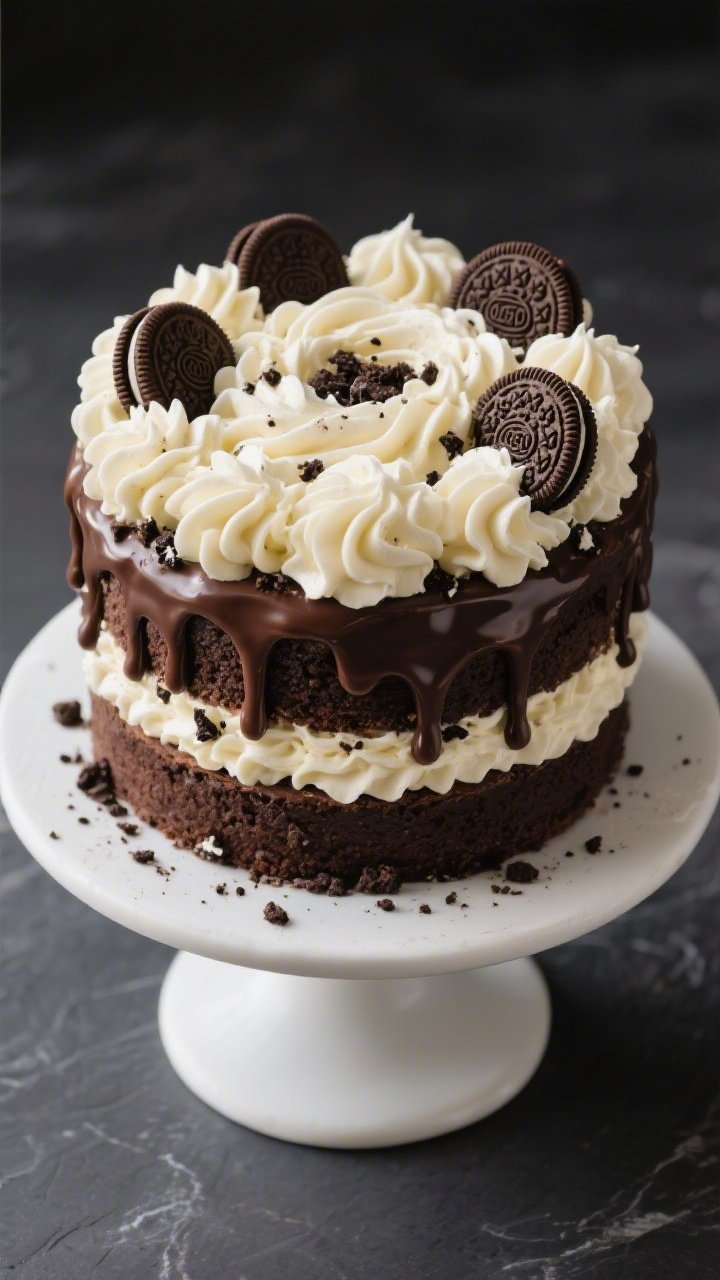 Three-quarter 45-degree shot of the fully assembled cookies-and-cream bloom cake: two chilled chocolate layers stacked and smoothly frosted, dramatic buttercream rosettes blooming over the top and upper sides, a controlled glossy ganache drip around the rim, and strategic cookie crumble accents; garnish with whole and halved chocolate sandwich cookies tucked between rosettes; set on a white pedestal against a dark slate background, clean crumb line, sharp detail on rosette piping, appetizing, bakery-display quality.