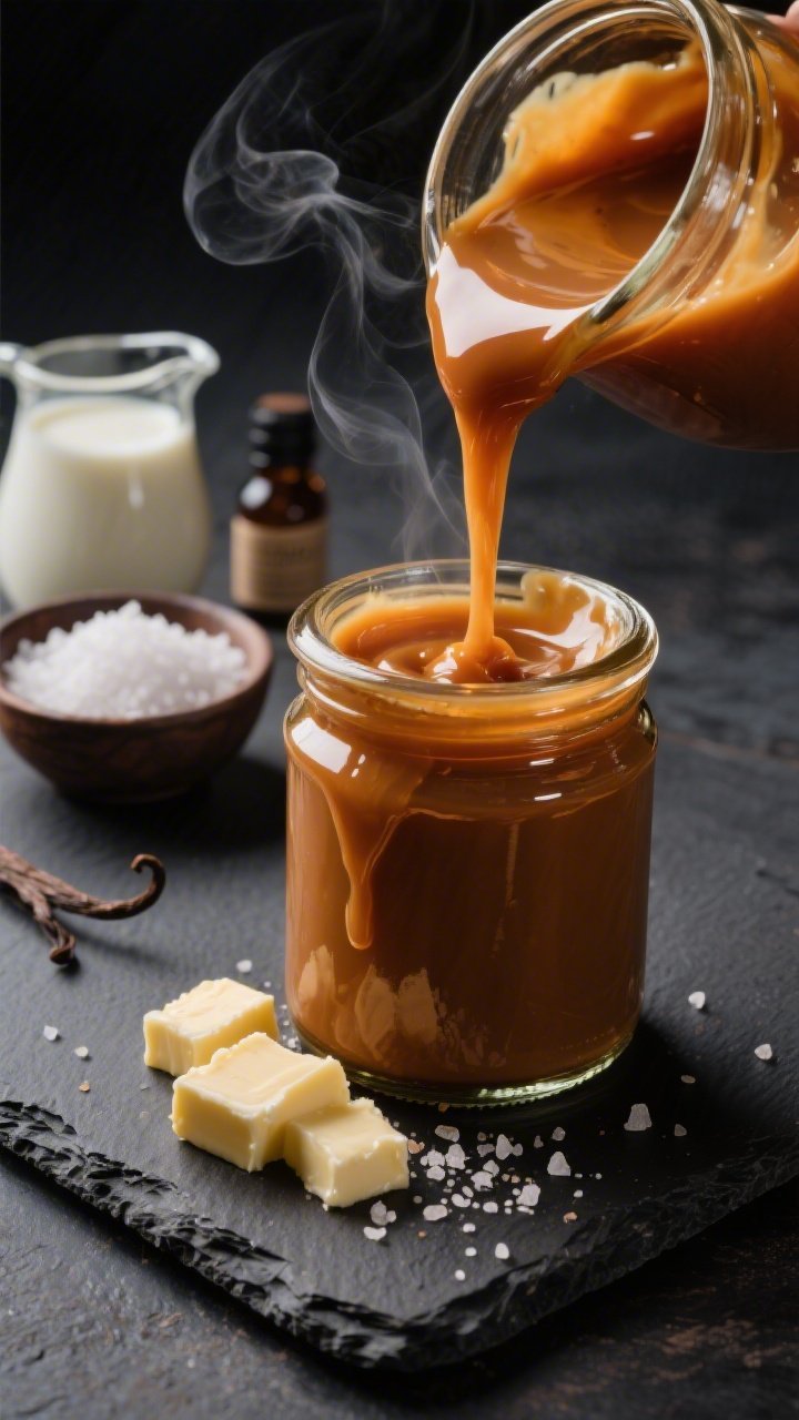 Tight 45-degree close-up of silky salted caramel sauce mid-pour into a heatproof glass jar: deep amber stream with glassy sheen, gentle wisps of steam, butter cubes melting at the jar’s edge, a small pitcher of warmed heavy cream, vanilla extract bottle, and a pinch bowl of flaky sea salt in the background on a dark slate; dramatic side lighting to capture viscosity and reflections, shallow depth of field focusing on the flowing caramel and salt crystals; mood is indulgent and glossy, emphasizing pourable consistency.