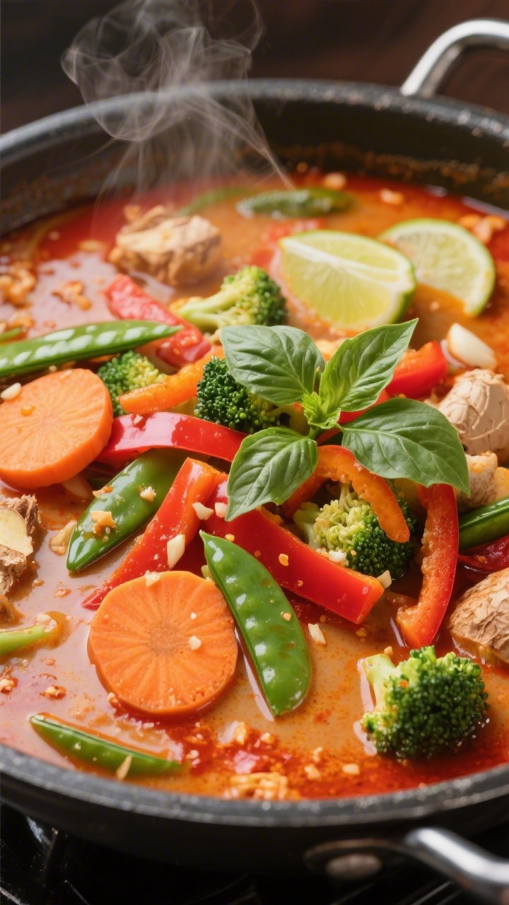 Vibrant 45-degree cooking shot of Coconut Curry Hot Pot With Veggie Bounty: creamy coconut milk broth tinted red from curry paste, with visible grated ginger and minced garlic; carrot coins, broccoli florets, bell pepper strips, and snap peas bobbing; a drizzle of fish sauce/soy adding gloss; lime wedges and Thai basil on the rim; saturated colors, lively, plant-forward abundance, gentle steam.