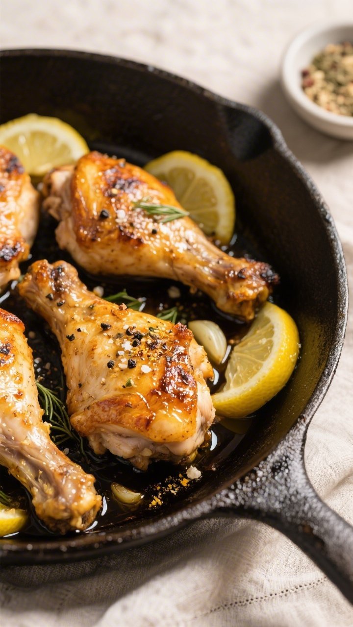 A 45-degree close-up of zesty lemon herb baked chicken thighs just out of the oven: bone-in, skin-on pieces with golden, crackly skin glistening with olive oil, speckled with kosher salt, black pepper, garlic powder, and onion powder. Lemon slices tucked around the thighs, charred edges, and pan juices pooling in a cast-iron skillet. Warm, directional light highlights crisp texture and juicy meat, with a neutral linen and a small bowl of seasoning blend in the background. No people, professional, appetizing.