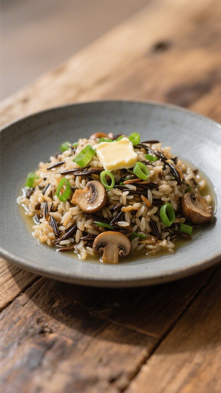 A cozy plated presentation at a 45-degree angle of wild rice pilaf: a mound of fluffy wild rice blend studded with sautéed cremini/baby bella mushrooms, glossy from olive oil and a pat of butter, finished with a scatter of thinly sliced herby scallions. Served in a warm gray ceramic bowl with a shallow pool of chicken/vegetable broth sheen clinging to grains, earthy tones contrasting with bright green scallions. Rustic wood table, soft afternoon light, minimalist styling.