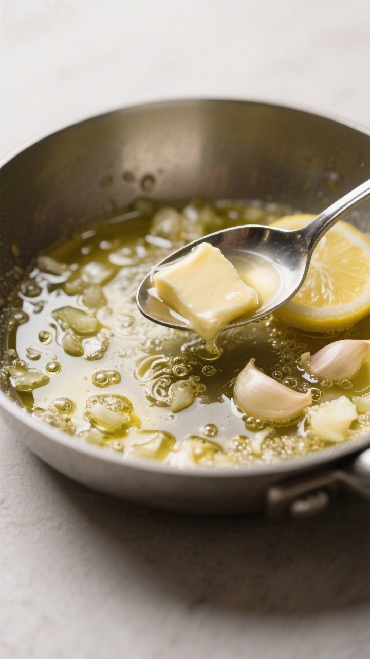 A straight-on, tight close-up of a garlicky pan sauce being finished in a small saucepan: minced garlic sizzling in olive oil, deglazed with dry white wine (or chicken broth), reduced to a glossy emulsion with additional low-sodium broth, a squeeze of lemon juice, and cold cubes of butter melting in swirls. Visible micro-bubbles and silky texture, with a spoon lifting to show nappe consistency. Neutral backdrop, high contrast highlights to emphasize sheen.