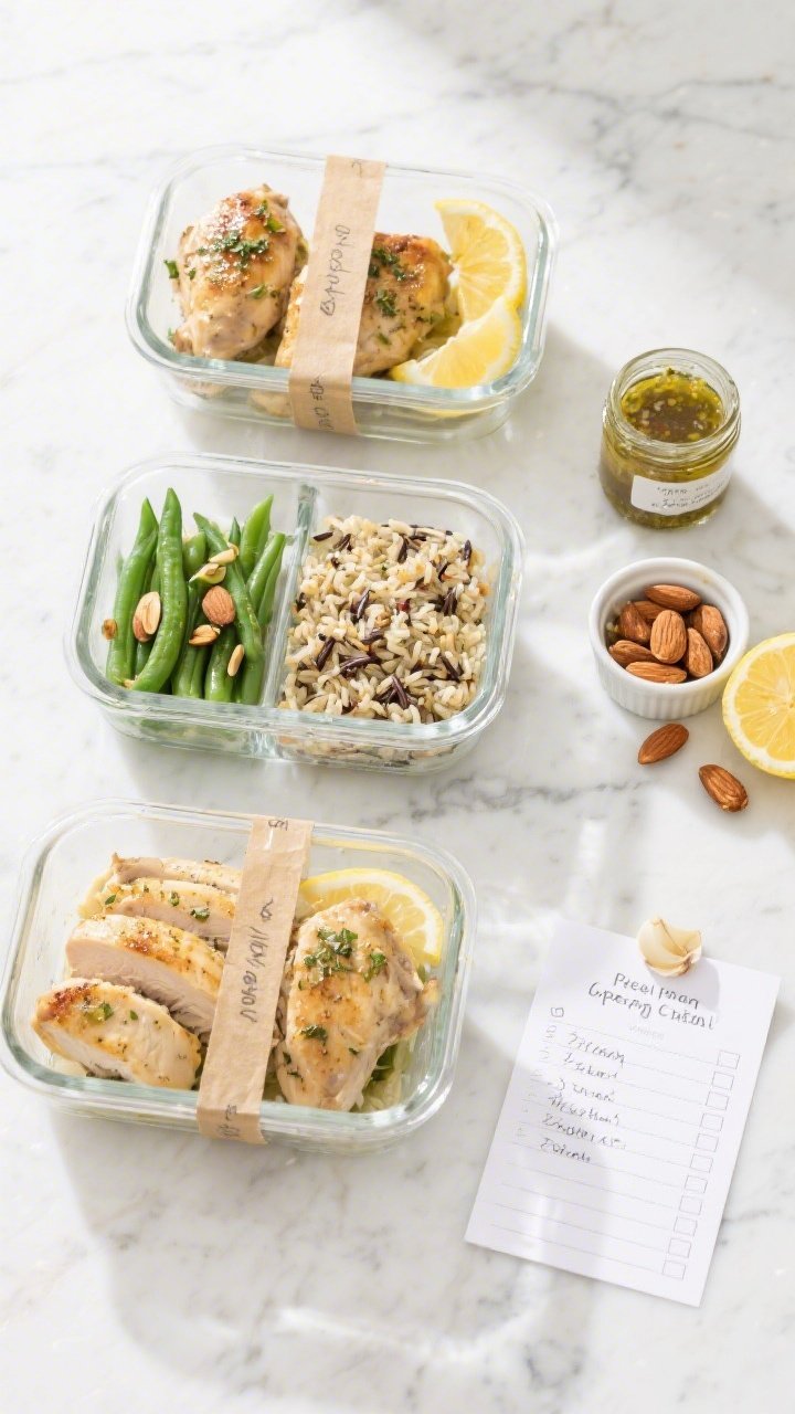 An overhead ingredient-and-containers flat lay for a make-ahead game plan: separate airtight glass containers holding lemon herb baked chicken thighs, green beans almondine, and wild rice pilaf, plus a small sealed jar of the garlicky pan sauce. Labeled masking tape on each container, lemon wedges and extra toasted almonds in tiny ramekins, and a neatly written prep checklist card. Clean marble surface, bright natural light, tidy, meal-prep vibe, no people.