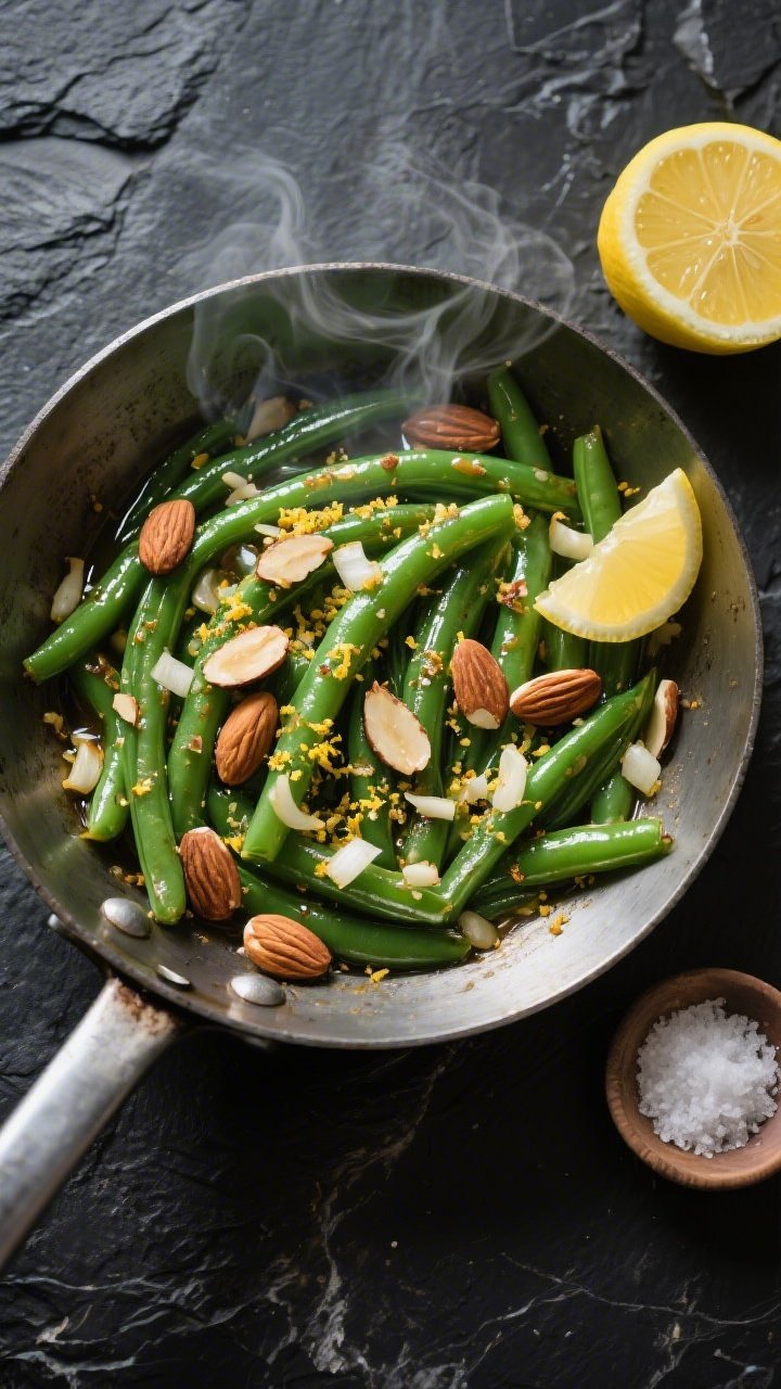 An overhead shot of green beans almondine mid-sauté in a stainless skillet: vibrant, just-tender green beans glossy with browned butter and a touch of olive oil, showered with toasted sliced almonds. Finely minced shallot and garlic visibly nestled among the beans, with lemon zest crumbs sprinkled across for brightness. Steam rising subtly, a lemon half and a small dish of kosher salt off to the side on a dark stone surface for contrast. Clean, crisp, and vivid.