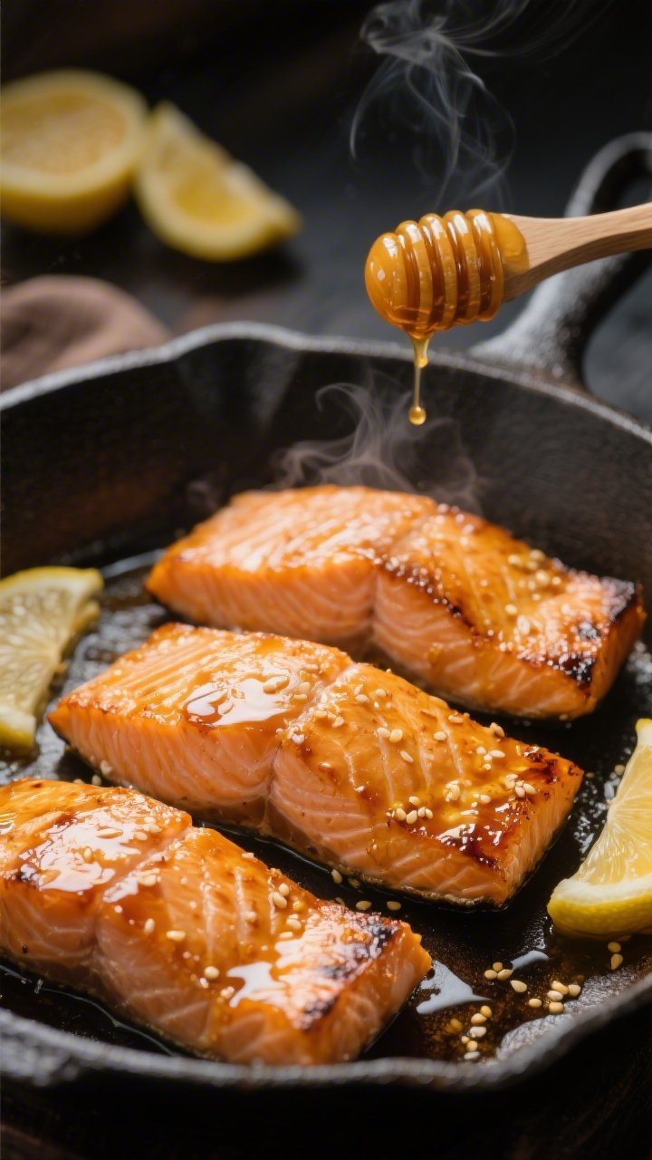 Close-up, 45-degree angle of golden honey glazed salmon fillets just out of the pan: four skin-on 5–6 oz fillets lacquered with a glossy glaze of honey, low-sodium soy/tamari, Dijon mustard, rice vinegar or apple cider vinegar, and fresh lemon juice. Caramelized edges with a slight char, visible citrusy sheen and sesame-like stickiness, steam rising. Set in a dark cast-iron skillet with a few lemon wedges and a brush glazed with sauce in the background. Warm, moody lighting to emphasize amber tones and succulent, flaky texture of the fish skin and flesh. No sides present—focus solely on the glazed salmon.