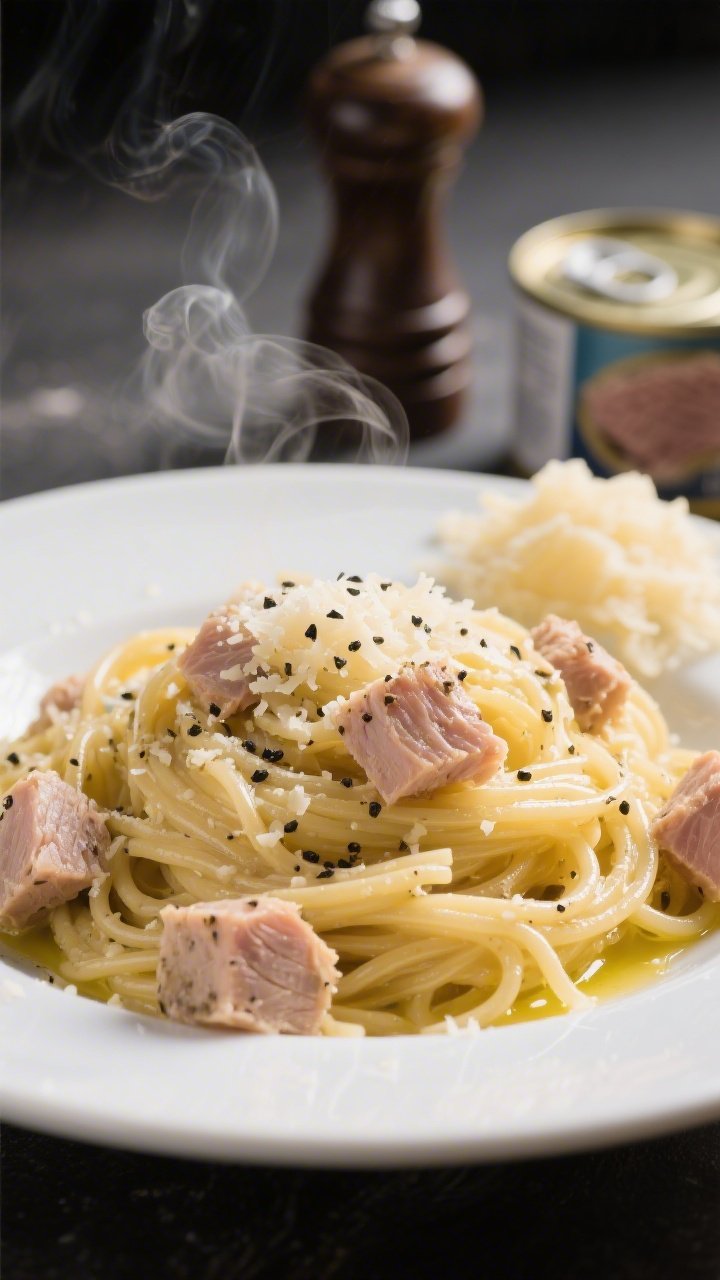 Close-up 45-degree angle of pantry tuna cacio e pepe: spaghetti coated in an emulsion of butter, olive oil, and melted Pecorino Romano, glossy strands speckled generously with freshly cracked black pepper; delicate chunks of high-quality tuna folded through, cubes visible between strands; cheese finely grated in soft piles on the rim, a pepper mill and tin of tuna in background blur; shallow depth of field, steam curling up for an ultra-comforting, savory look.