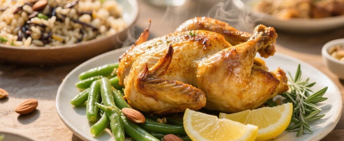 Lemon Herb Baked Chicken, Green Beans Almondine, and Wild Rice Pilaf That Wow