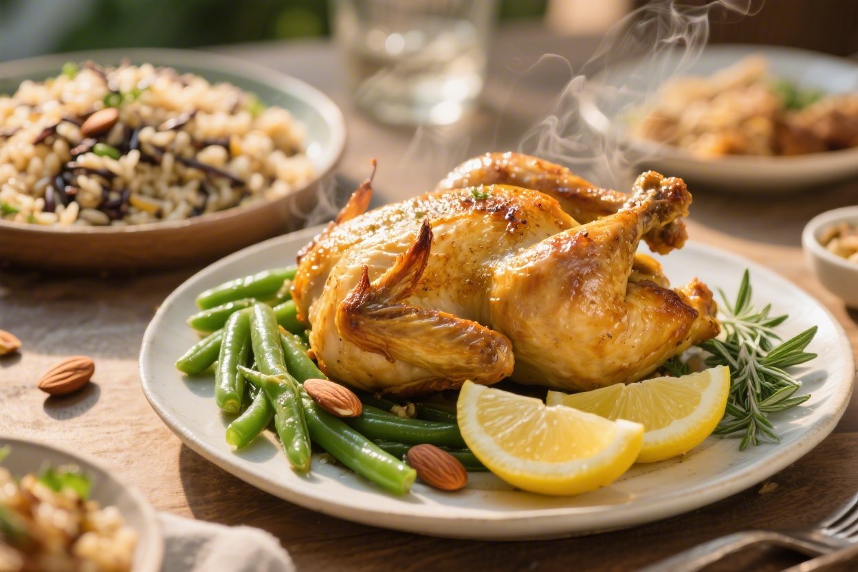 Lemon Herb Baked Chicken, Green Beans Almondine, and Wild Rice Pilaf That Wow