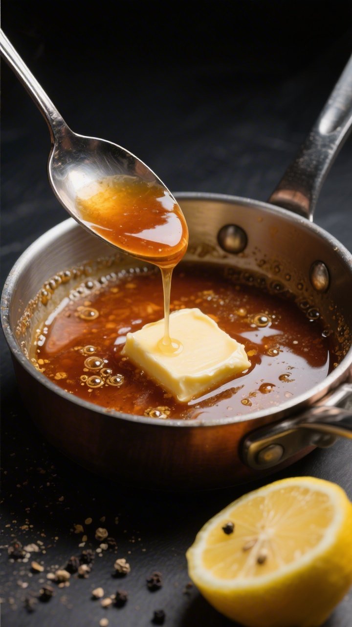 Macro close-up of a small saucepan with tangy pan sauce in the making: reserved salmon glaze simmering with 2–3 tbsp water or chicken broth, a pat of butter melting into a glossy emulsion, a squeeze of lemon juice with a seed caught on a citrus reamer nearby, and a dusting of black pepper. Tiny bubbles along the edge, viscous amber-brown sauce coating the spoon held over the pan to show nappe consistency. Dark background and directional light to capture shine and depth.
