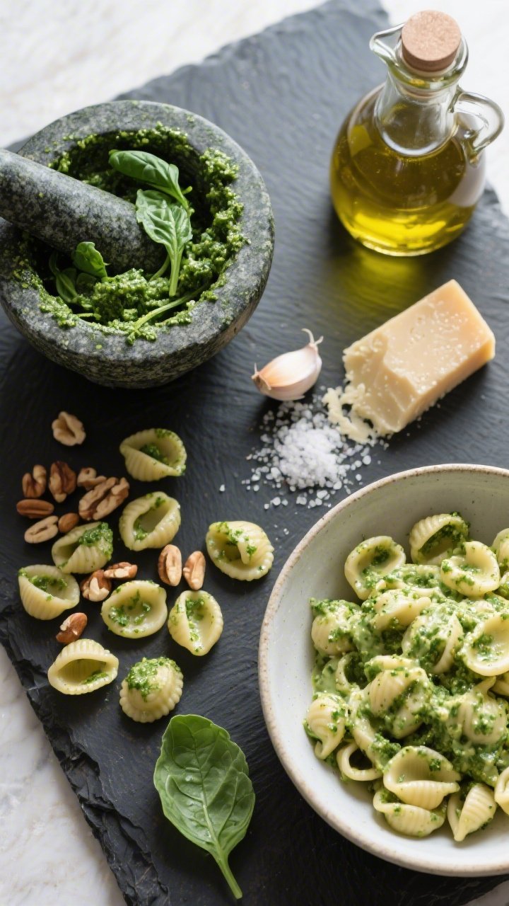 Overhead ingredient-and-prep flat lay for creamy spinach pesto orecchiette: uncooked orecchiette scattered beside a mortar of vivid green pesto made from packed baby spinach and fresh basil; toasted pine nuts, grated Parmesan, a small garlic clove, kosher salt pinch, and a carafe of extra-virgin olive oil arranged neatly on a dark slate board; a finished bowl of orecchiette tossed in the creamy pesto peeks in from the corner, pasta cups catching the sauce; bright, natural light to pop the greens.