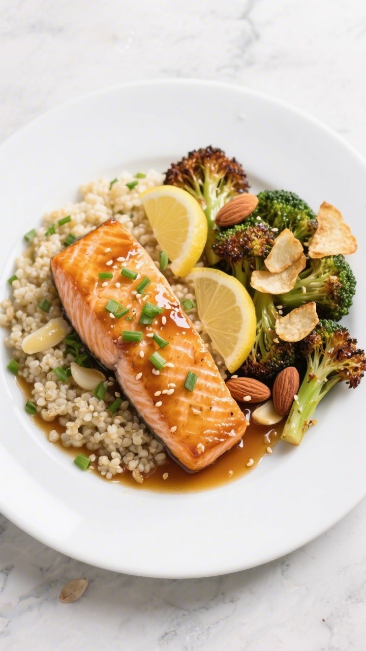 Overhead, restaurant-style plated 20-minute dinner: a composed plate featuring a honey glazed salmon fillet atop a bed of fluffy garlic butter quinoa, with a generous side of roasted broccoli showing crispy browned edges and garlic chips. The tangy pan sauce artfully drizzled over the salmon and a little pooling into the quinoa. Finishes: lemon wedges, chopped fresh chives and parsley sprinkled, and optional toasted almonds and sesame seeds scattered for texture. Clean white plate on a light stone surface, balanced, vibrant, and appetizing with controlled highlights and natural color.