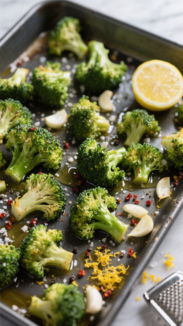Overhead sheet-pan ingredient-to-roast scene: broccoli florets (about 6 cups) scattered on a rimmed metal pan, glistening with olive oil, sprinkled with kosher salt, black pepper, and a pinch of red pepper flakes. Thinly sliced garlic scattered throughout. A zested lemon with microplane nearby, fine yellow zest dusted over the florets for zing. Pre-roast moment with bright green broccoli contrasting against the dark pan, emphasizing droplets of oil and seasoning granules, clean natural light for crispness and anticipation of crispy edges.
