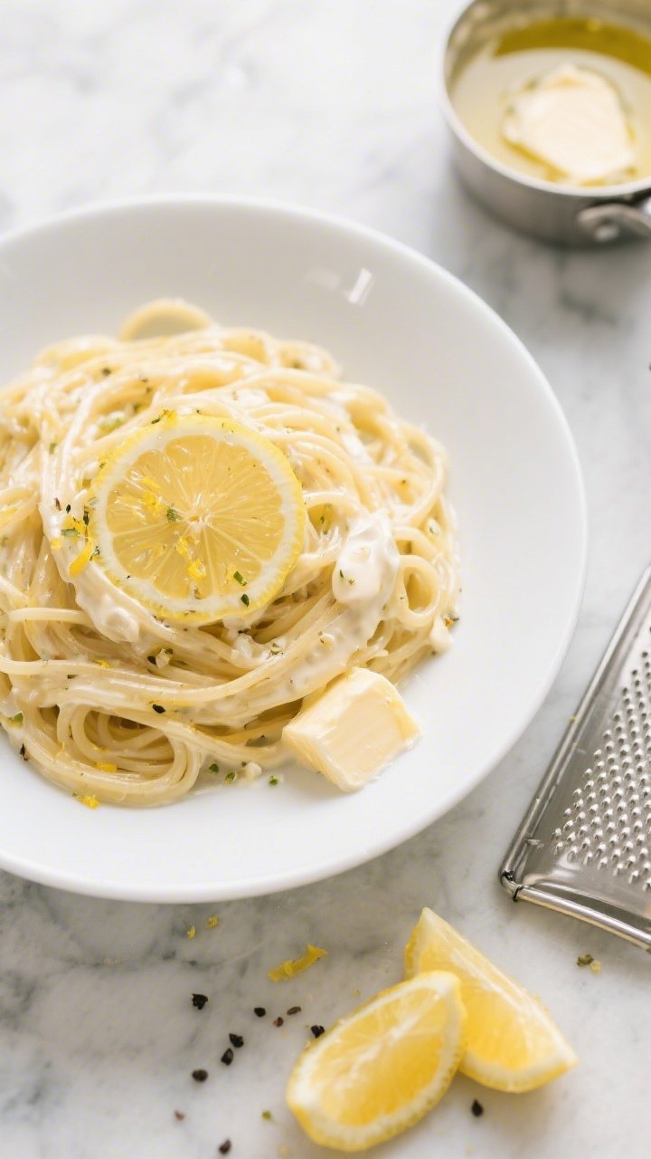 Overhead shot of creamy lemon garlic spaghetti twirled in a shallow white bowl: glossy spaghetti coated in a silky heavy-cream sauce with flecks of finely minced garlic, ribbons of lemon zest, and a bright squeeze of fresh lemon juice pooling slightly; butter and extra-virgin olive oil sheen visible, cracked black pepper and a few lemon wedges on the side; styled on a cool marble surface with a microplane, zested lemon, and a small saucepan of cream-butter-garlic mixture in frame; bright, clean lighting to emphasize the fresh, zesty mood.