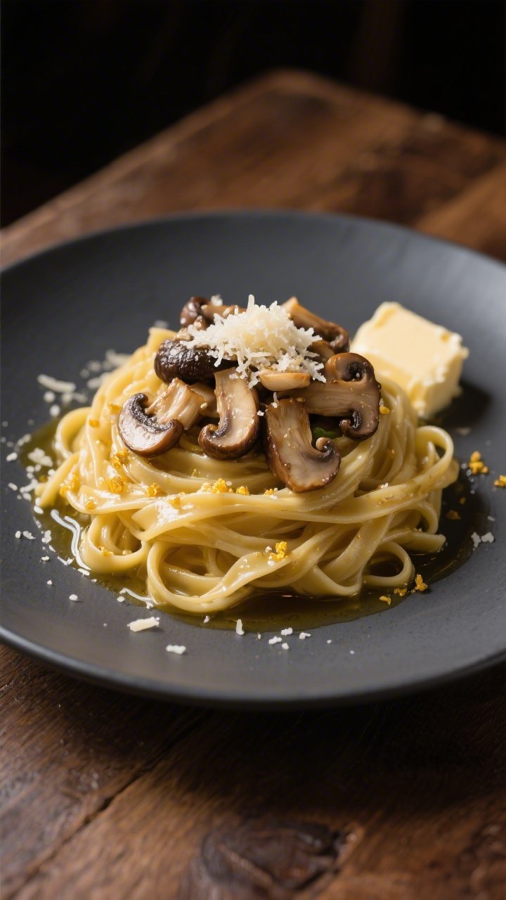 Plated presentation, straight-on shot of five-ingredient mushroom butter fettuccine: silky fettuccine ribbons glistening with browned butter and olive oil, crowned with a mix of sautéed cremini, shiitake, and oyster mushrooms, edges lightly crisp; minced garlic aroma suggested with visible golden bits, snowfall of grated Parmesan on top; a small pat of melting butter on the side of the mound; set on a matte charcoal plate atop a wooden table, moody side lighting for a restaurant-worthy, elegant feel.