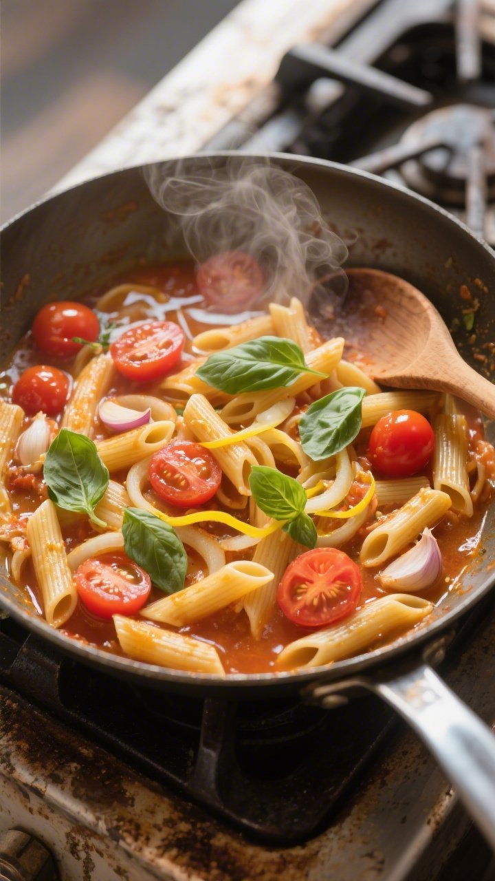 Straight-on one-pan scene of tomato basil penne simmering: a wide stainless skillet filled with penne, halved cherry tomatoes bursting, thinly sliced yellow onion and garlic ribbons visible, pasta bathing in a light tomato-stained vegetable/chicken broth; glossy extra-virgin olive oil glints, fresh basil leaves scattered on top; gentle steam rising, wooden spoon resting on the pan edge; set on a rustic stovetop with minimal props, warm afternoon light for a cozy, effortless vibe.