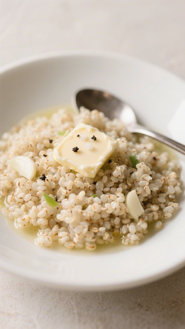 Straight-on, plated bowl of fluffy garlic butter quinoa: pearly, separated quinoa grains steaming in a shallow white bowl, glistening from unsalted butter. Flecks of minced garlic visible, subtle sheen from low-sodium chicken or vegetable broth absorption, a light sprinkle of kosher salt and a twist of freshly ground black pepper on top. Soft, neutral background to highlight texture; a small butter pat melting on the rim and a spoon poised beside the bowl. Emphasis on airy, tender grains ready to soak up sauces.