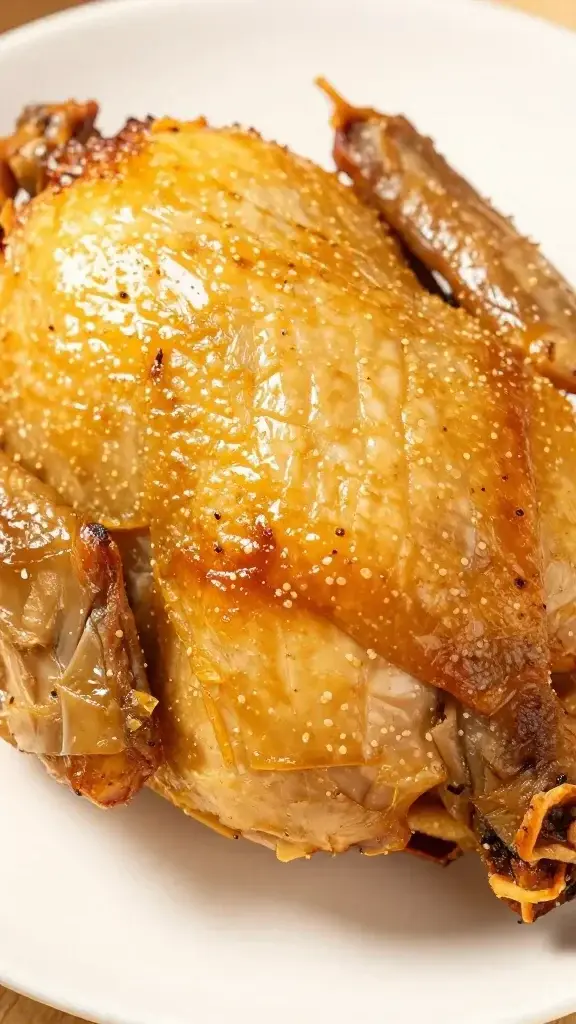 closeup of golden roasted chicken skin on a white plate