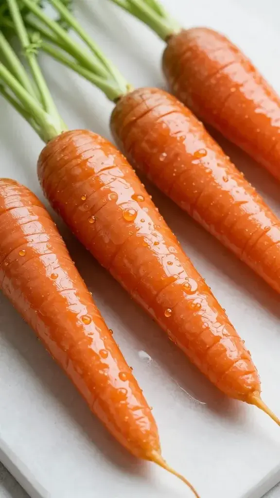closeup of glossy glazed carrots on parchment paper