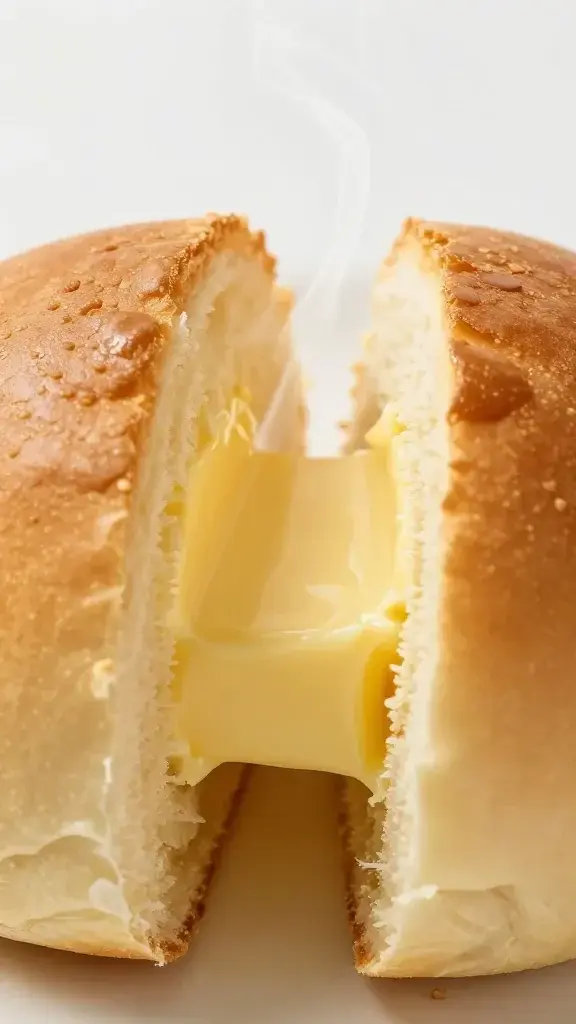 closeup of buttery dinner roll split open with steam