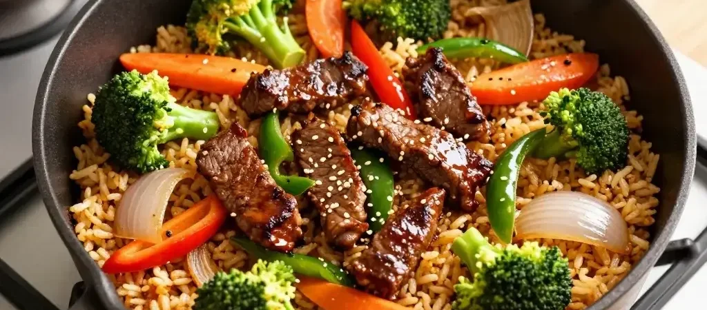 Beef Stir Fry, Mixed Vegetables, and Fried Rice Dinner: One-Pan Flavor Burst